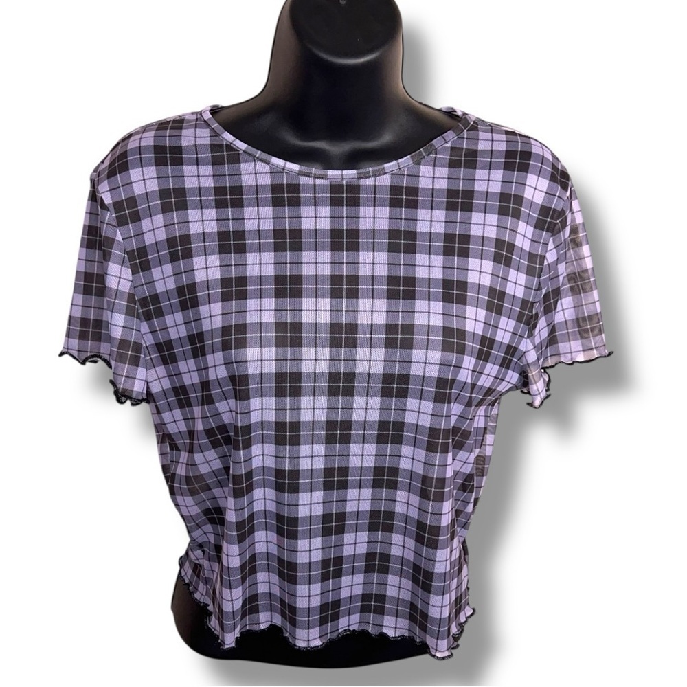 Juniors Large Purple Black Plaid Mesh Crop Top Divided Goth Punk Tartan Sheer